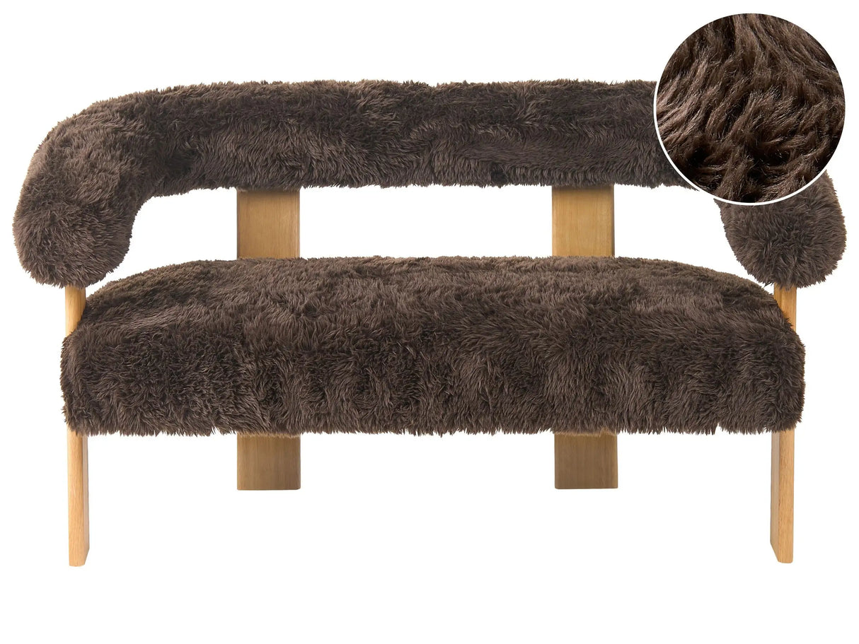 2 Seater Sofa Dark Brown Faux Fur Upholstery Retro Design Light Brown Wooden Legs Living Room Beliani
