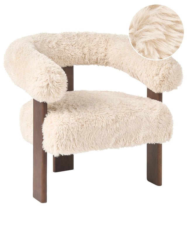 Armchair Off-White and Dark Brown Faux Fur Upholstery Retro Design Wooden Legs Living Room Beliani