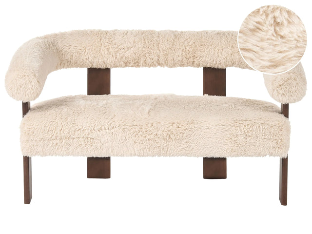 2 Seater Sofa Off-White Faux Fur Upholstery Retro Design Dark Brown Wooden Legs Living Room Beliani