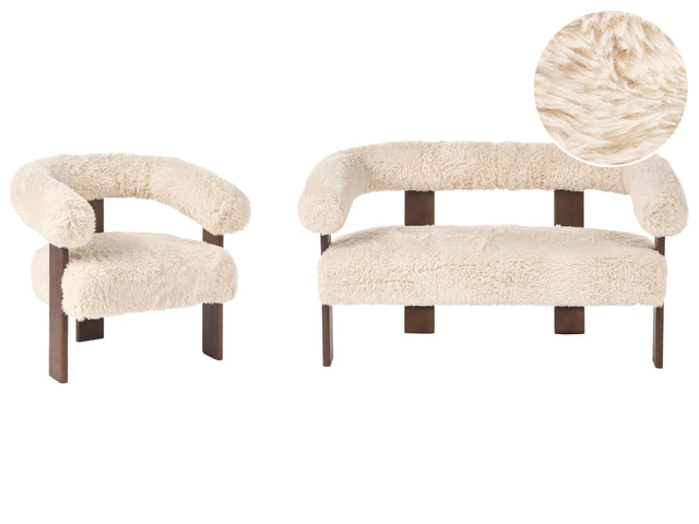 Sofa Set Off-White and Dark Brown 2 Seater Armchair Faux Fur Upholstery Retro Design Wooden Legs Living Room Beliani