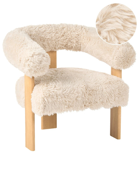 Armchair Off-White and Light Brown Faux Fur Upholstery Retro Design Wooden Legs Living Room Beliani