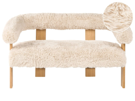 2 Seater Sofa Off-White Faux Fur Upholstery Retro Design Light Brown Wooden Legs Living Room Beliani