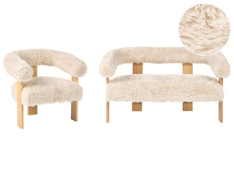 Sofa Set Off-White and Light Brown 2 Seater Armchair Faux Fur Upholstery Retro Design Wooden Legs Living Room Beliani
