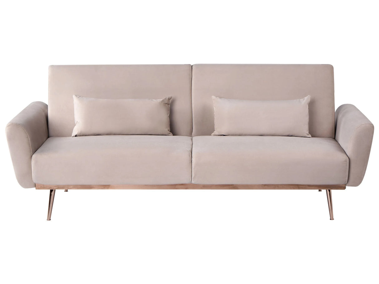Sofa Bed Taupe Velvet Upholstery Metal Legs 3 Seater with Additional Cushions Retro Convertible Sleeping Function Beliani
