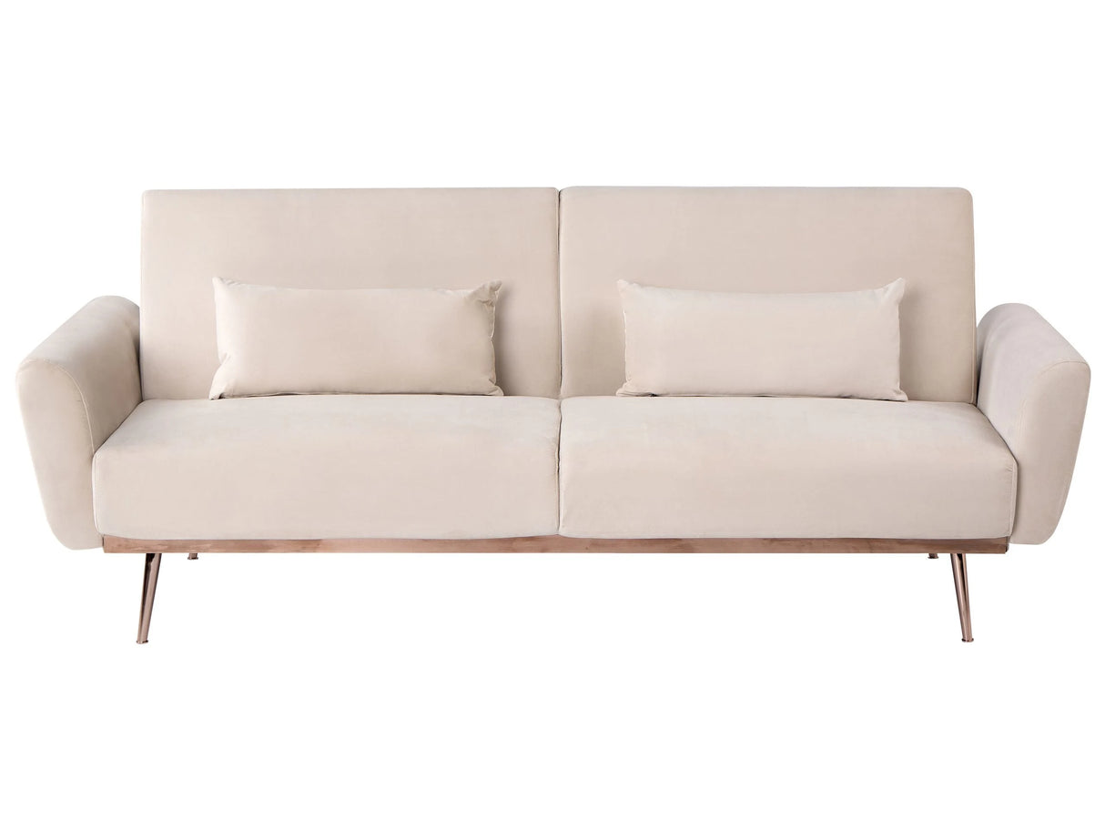 Sofa Bed Light Beige Velvet Upholstery Metal Legs 3 Seater with Additional Cushions Retro Convertible Sleeping Function Beliani