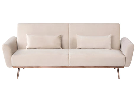 Sofa Bed Light Beige Velvet Upholstery Metal Legs 3 Seater with Additional Cushions Retro Convertible Sleeping Function Beliani