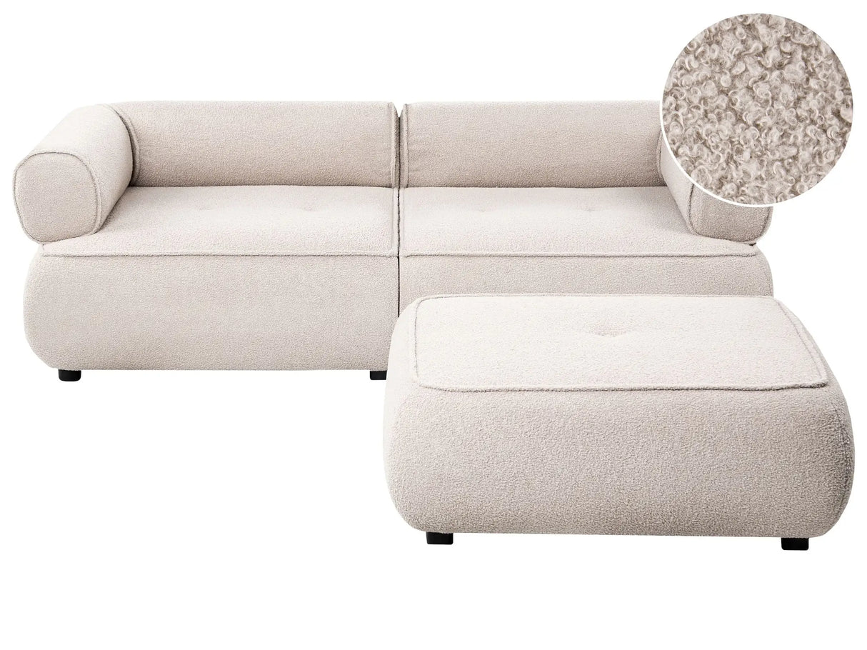3 Seater Sofa with Ottoman Beige Boucle Rolled Armrests Quality Upholstery Couch Tufted Seat with Footstool Mid-Century Modern Style Living Room Beliani