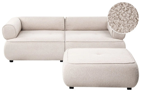 3 Seater Sofa with Ottoman Beige Boucle Rolled Armrests Quality Upholstery Couch Tufted Seat with Footstool Mid-Century Modern Style Living Room Beliani