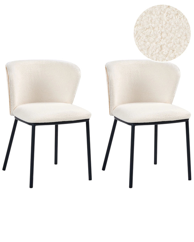 Set of 2 Dining Chairs Off-White Black Iron Legs Armless Protective Caps Modern Minimalism Design Dining Room Beliani