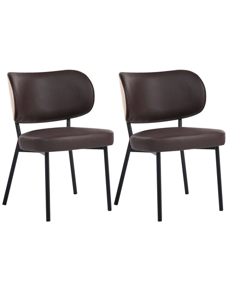 Set of 2 Dining Chairs Dark Brown Faux Leather Black Iron Legs Armless Protective Caps Modern Minimalism Design Dining Room Beliani