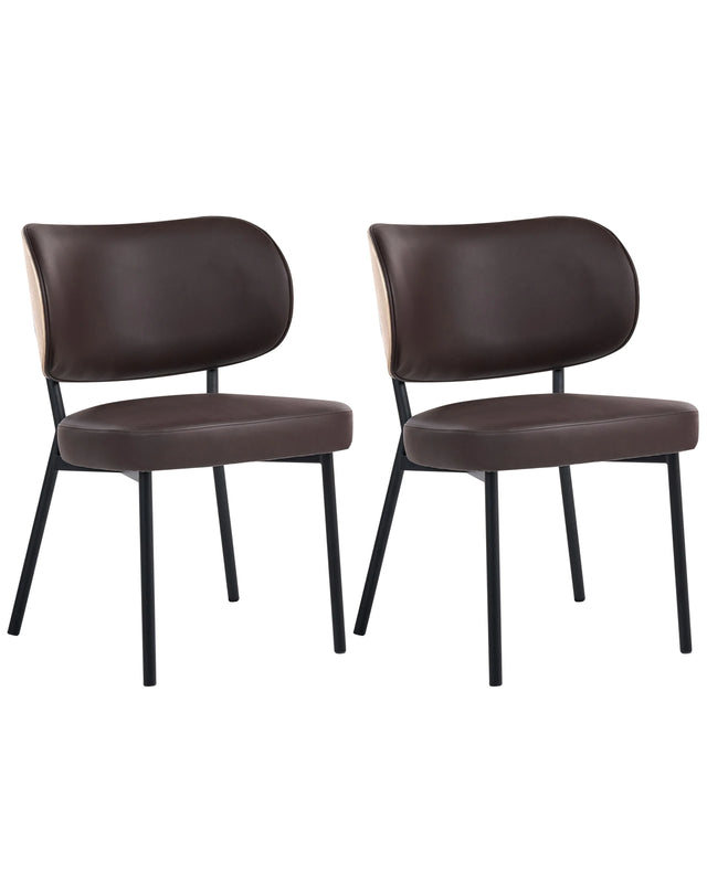 Set of 2 Dining Chairs Dark Brown Faux Leather Black Iron Legs Armless Protective Caps Modern Minimalism Design Dining Room Beliani