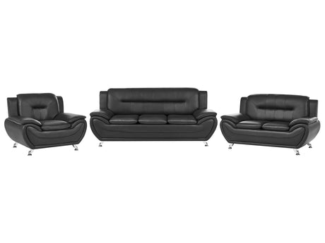 6 Seater Sofa Set Black Vegan Eco Leather Sofa Couch Armchair Silver Metal Legs Easy Clean Modern Glam Style Living Room Beliani