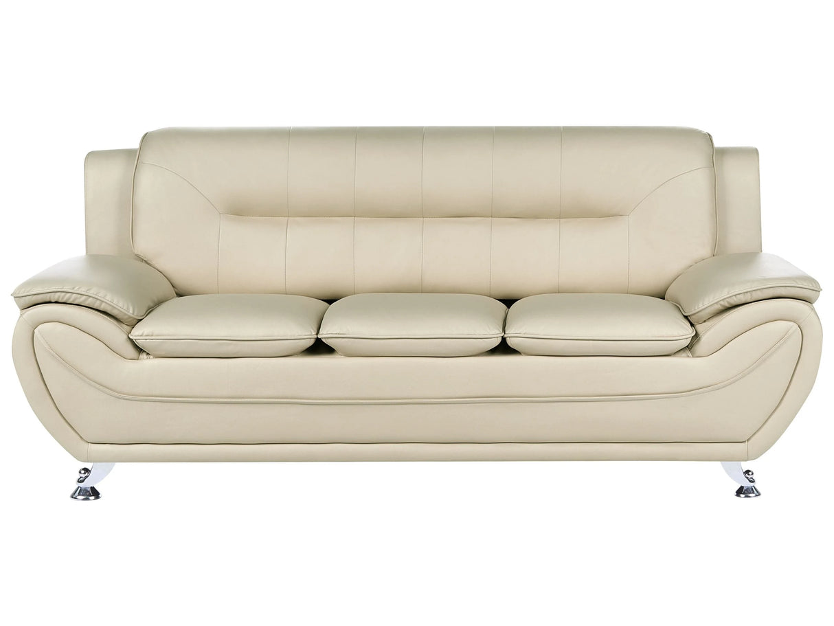 3 Seater Sofa Beige Vegan Eco Leather Couch Arms Silver Metal Legs Easy Clean Modern Glam Style Living Room Beliani
