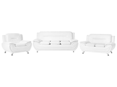 6 Seater Sofa Set White Vegan Eco Leather Sofa Couch Armchair Silver Metal Legs Easy Clean Modern Glam Style Living Room Beliani