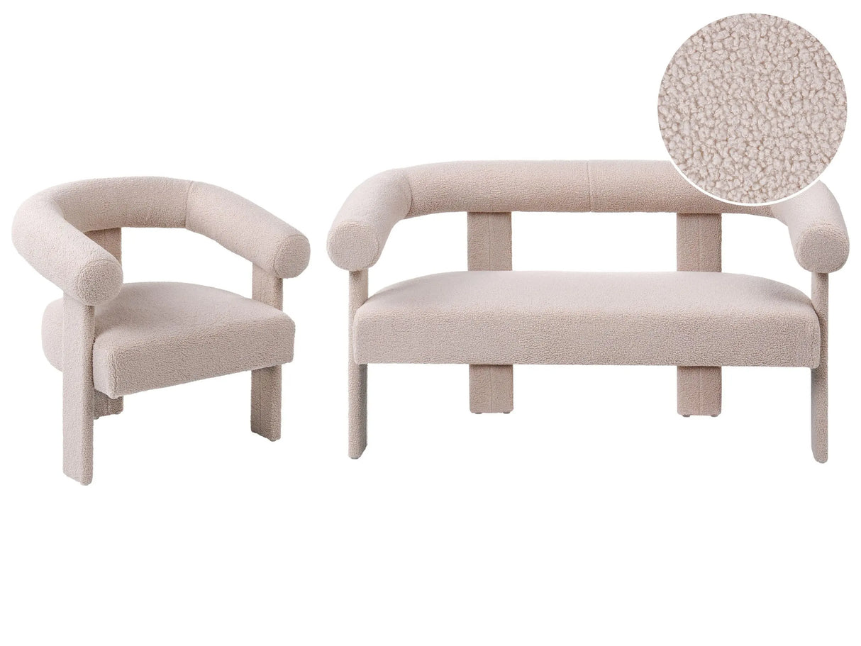Sofa Set Light Beige Boucle Fully Upholstered 2 Seater Armchair Retro Design Living Room Beliani