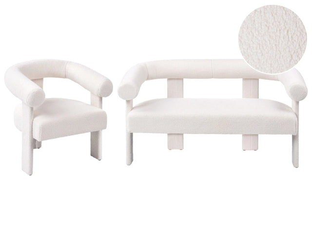 Sofa Set Off-White Boucle Fully Upholstered 2 Seater Armchair Retro Design Living Room Beliani