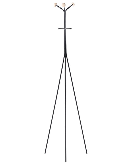 Coat Rack Black Steel Metal 176 cm Freestanding Clothes Stand Wooden Accents 6 Hooks Modern Hallway Beliani