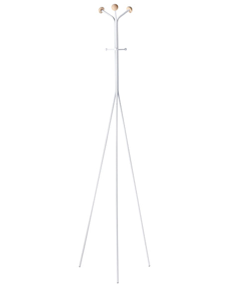 Coat Rack White Steel Metal 176 cm Freestanding Clothes Stand Wooden Accents 6 Hooks Modern Hallway Beliani