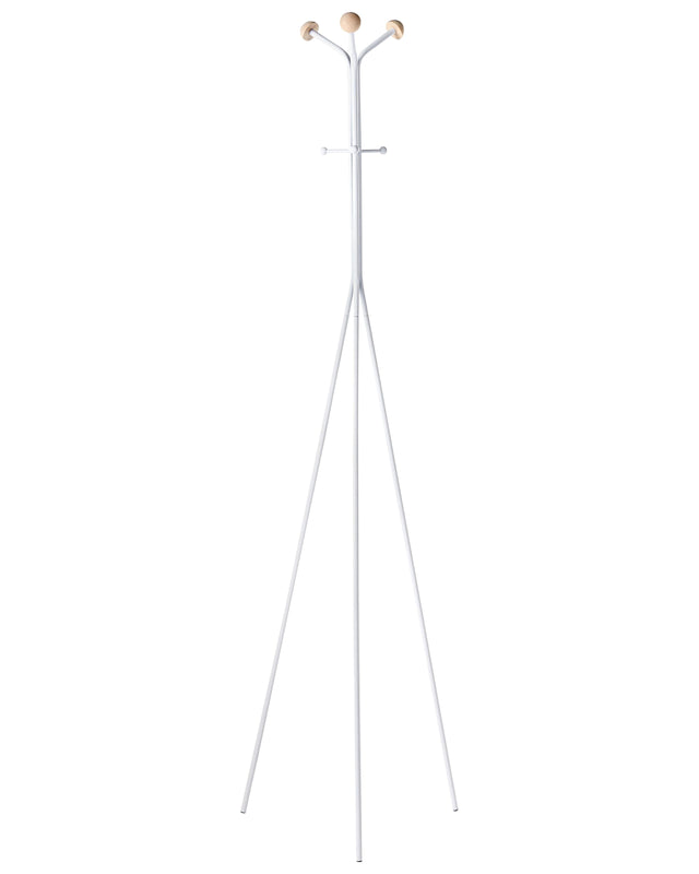 Coat Rack White Steel Metal 176 cm Freestanding Clothes Stand Wooden Accents 6 Hooks Modern Hallway Beliani
