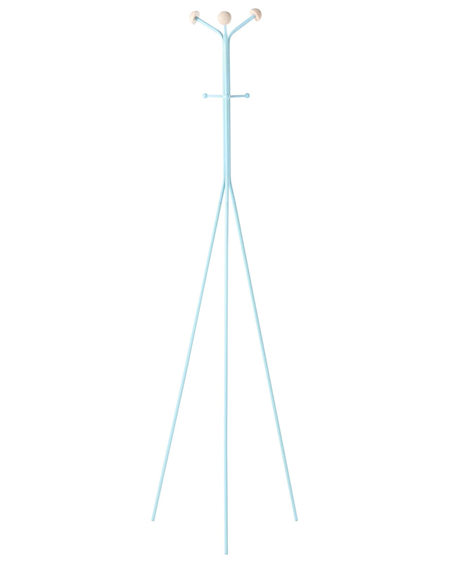 Coat Rack Light Blue Steel Metal 176 cm Freestanding Clothes Stand Wooden Accents 6 Hooks Modern Hallway Beliani