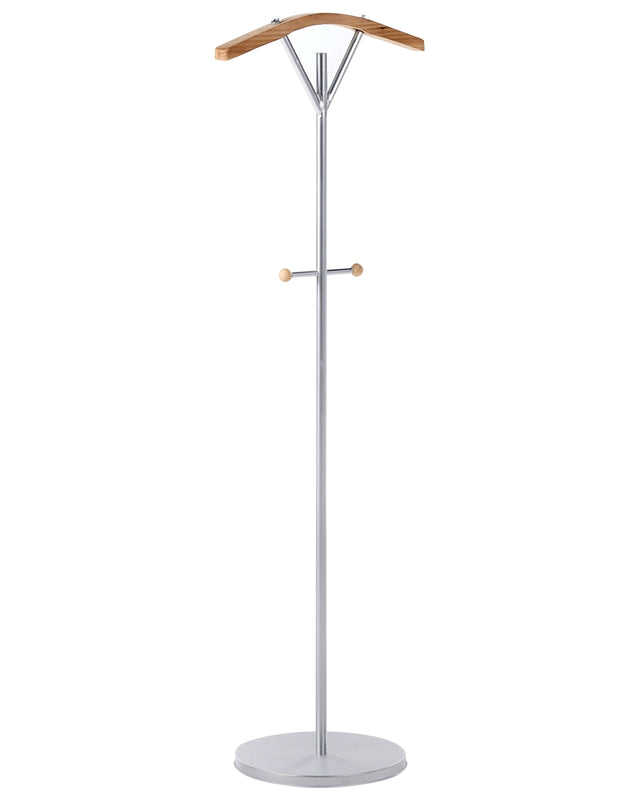 Coat Rack Silver Steel Metal 130 cm Freestanding Clothes Stand Wooden Accents 3 Hooks Modern Hallway Beliani