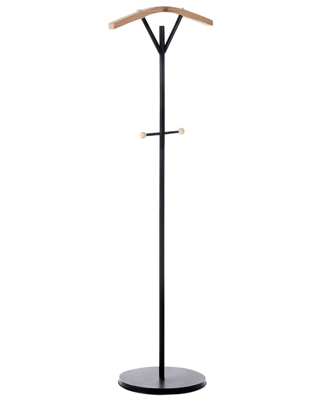 Coat Rack Black Steel Metal 130 cm Freestanding Clothes Stand Wooden Accents 3 Hooks Modern Hallway Beliani