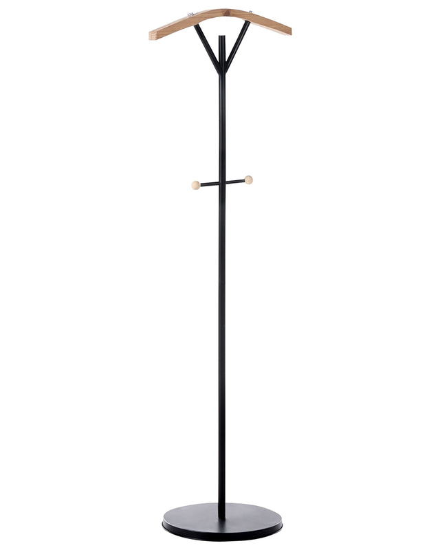 Coat Rack Black Steel Metal 130 cm Freestanding Clothes Stand Wooden Accents 3 Hooks Modern Hallway Beliani