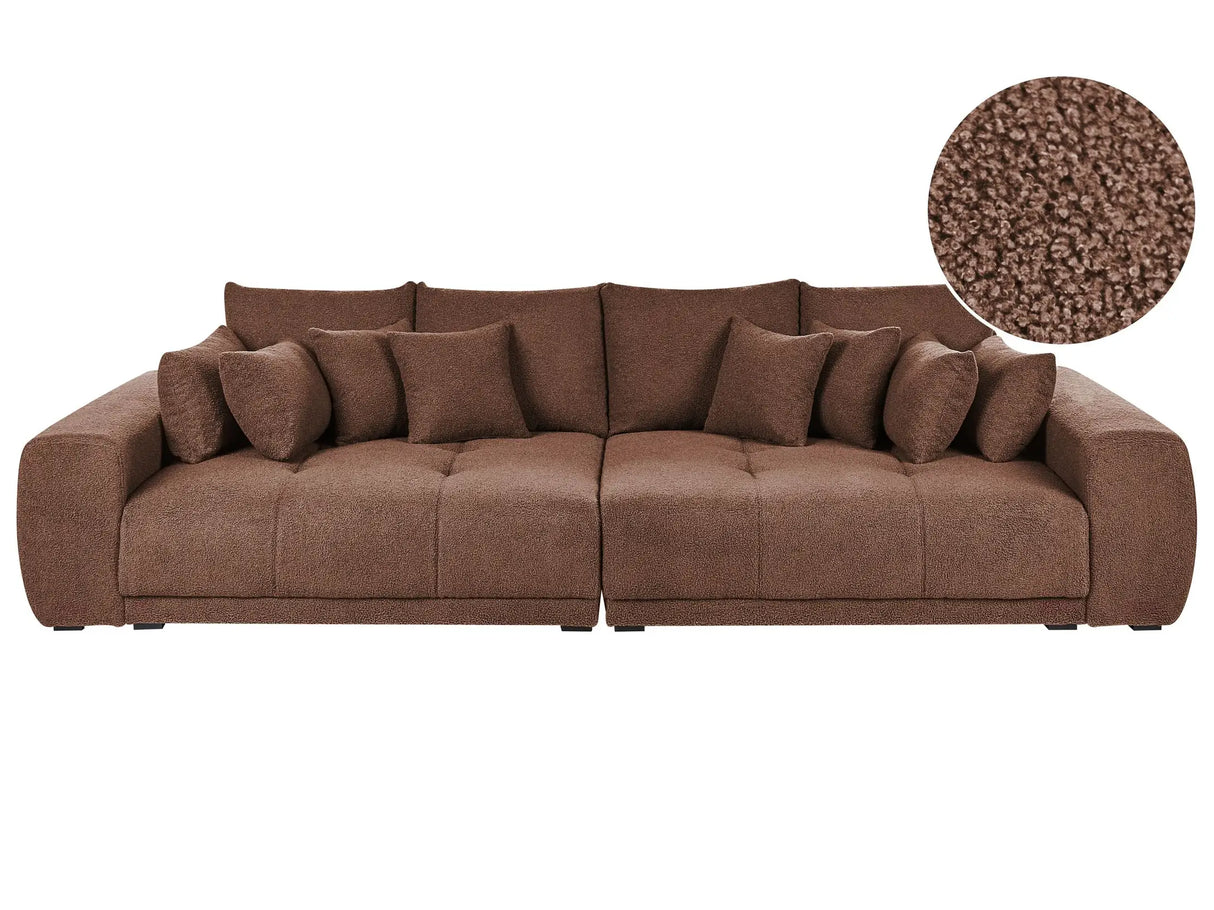 4 Seater Sofa Brown Boucle Upholstery Extra Large Spacious with Pillows Scatter Cushions Wooden Legs Modern Living Room Beliani