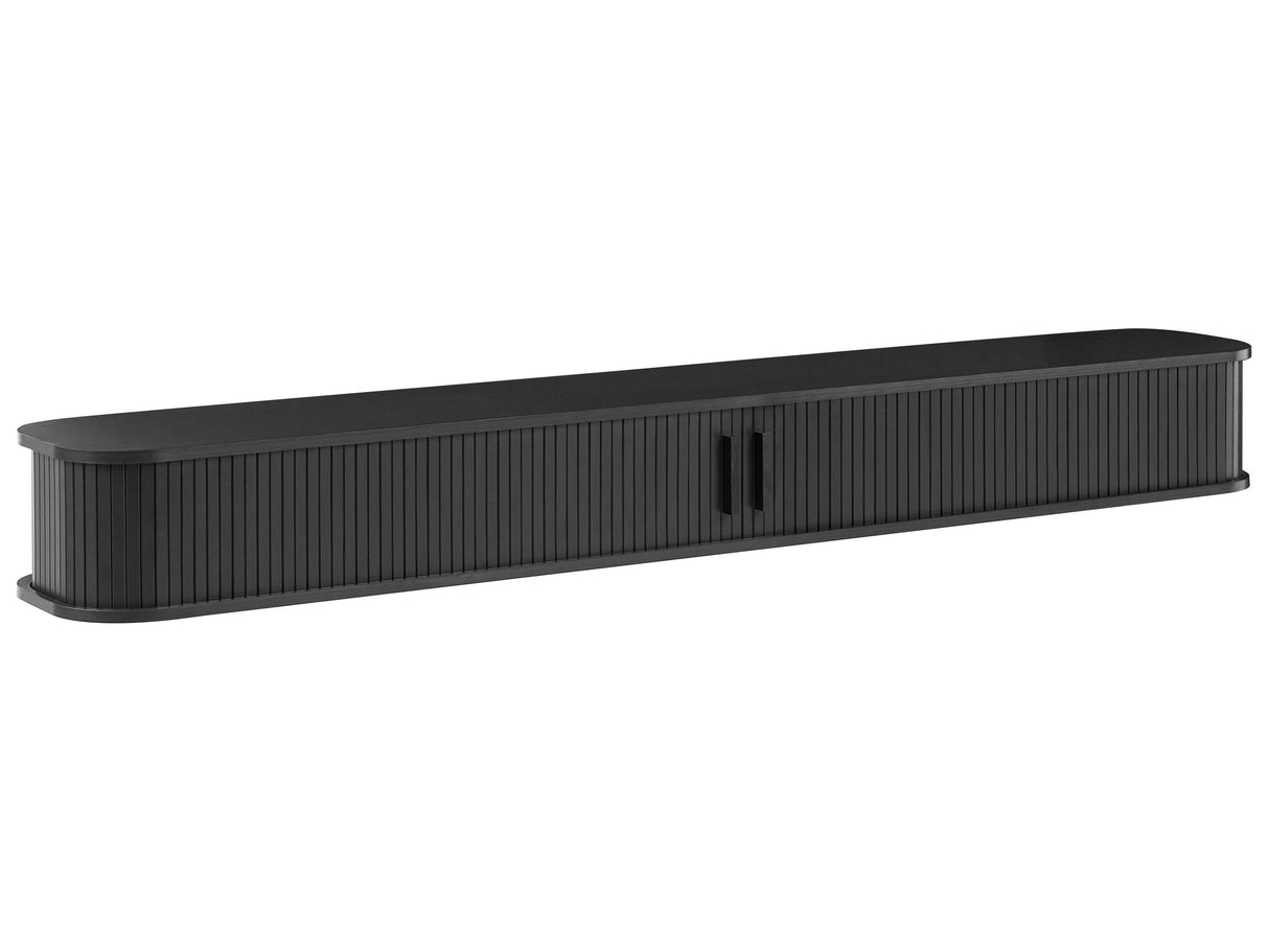 Wall Mounted TV Stand Black MDF Paper Venner Slatted Fronts Sliding Doors Floating Media Cabinet Beliani