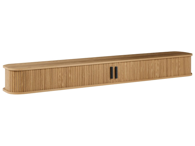 Wall Mounted TV Stand Brown MDF Paper Venner Slatted Fronts Sliding Doors Floating Media Cabinet Beliani