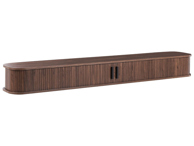 Wall Mounted TV Stand Dark Brown MDF Paper Venner Slatted Fronts Sliding Doors Floating Media Cabinet Beliani