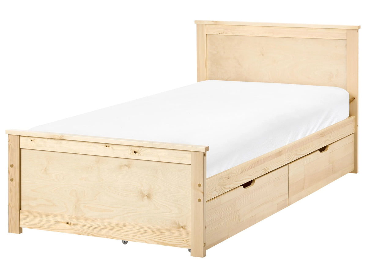 Storage Bed with 2 Drawers Natural Pine Wood MDF Birch Wood EU Single Size 3ft Headboard Scandinavian Beliani