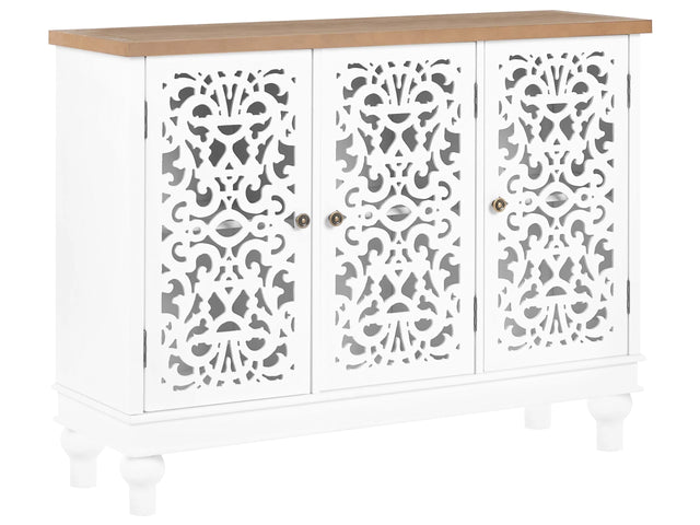 3 Door Sideboard MDF and Pine Wood Legs See Through Openwork Design Fronts Rustic Style Beliani