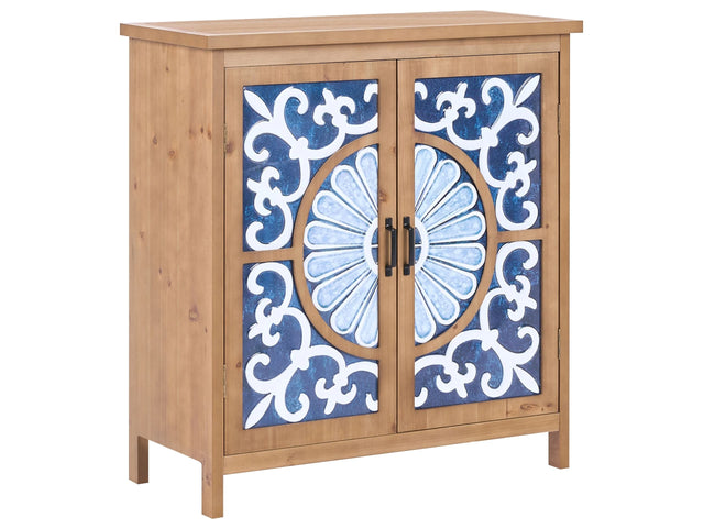 2 Door Sideboard Brown and Blue MDF Mediterranean Coastal Pattern 2 Shelves Rustic Style Beliani