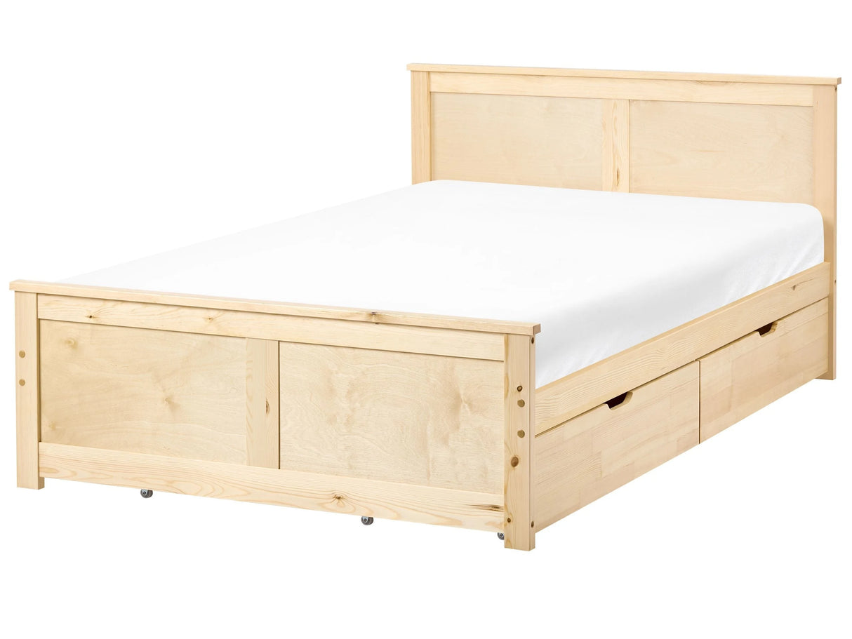Storage Bed with 4 Drawers Natural Pine Wood MDF Birch Wood EU Small Double Size 4ft Headboard Scandinavian Beliani