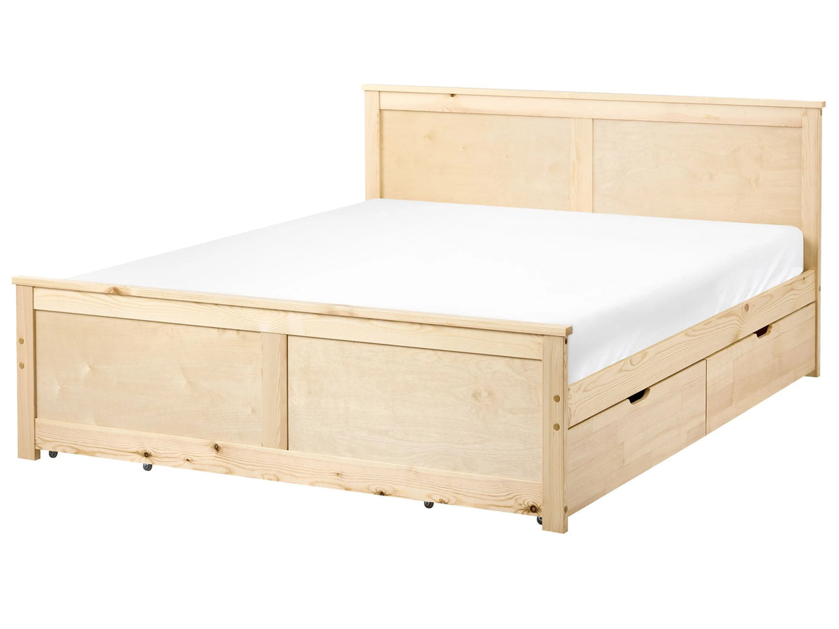 Storage Bed with 4 Drawers Natural Pine Wood MDF Birch Wood EU Double Size 4ft6 Headboard Scandinavian Beliani