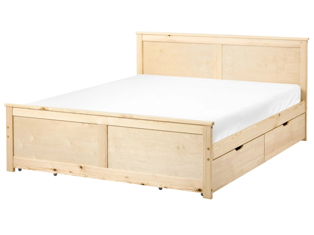 Storage Bed with 4 Drawers Natural Pine Wood MDF Birch Wood EU Double Size 4ft6 Headboard Scandinavian Beliani