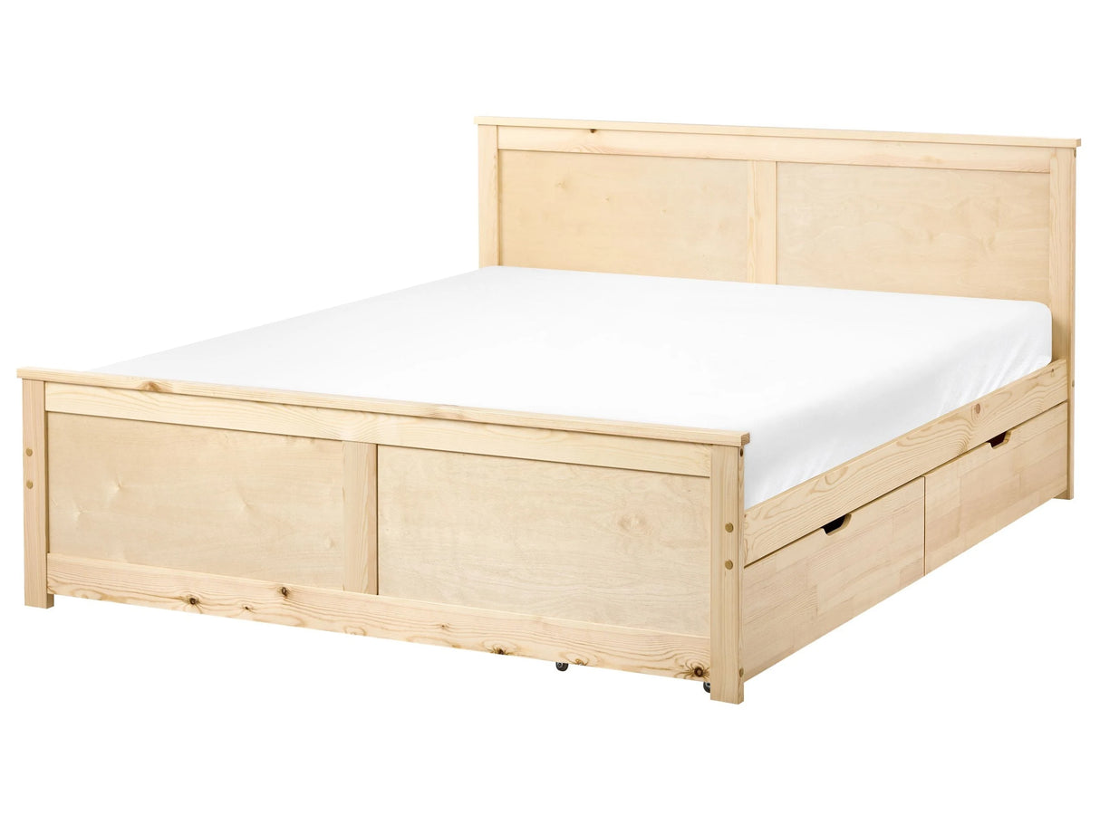 Storage Bed with 2 Drawers Natural Pine Wood MDF Birch Wood EU Double Size 4ft6 Headboard Scandinavian Beliani