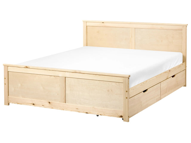 Storage Bed with 2 Drawers Natural Pine Wood MDF Birch Wood EU Double Size 4ft6 Headboard Scandinavian Beliani