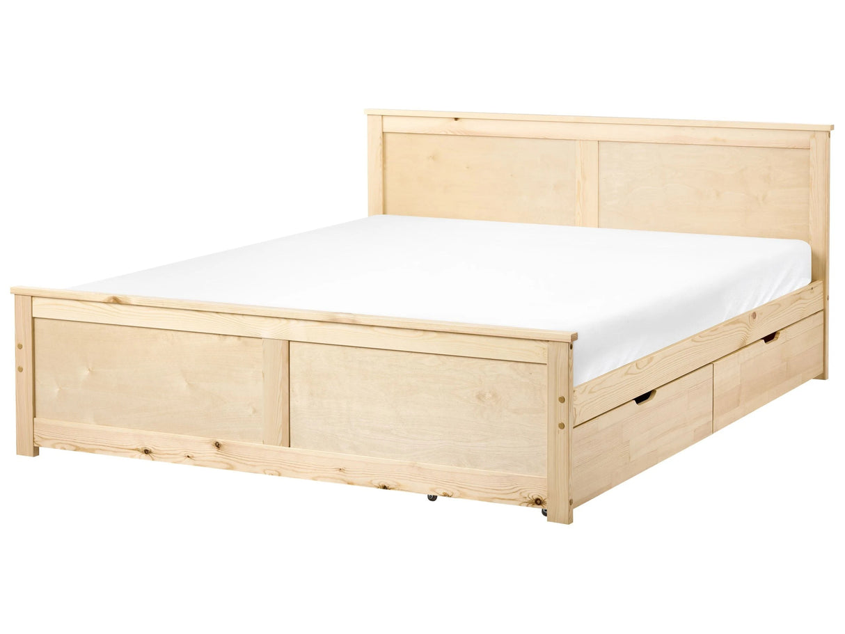 Storage Bed with 2 Drawers Natural Pine Wood MDF Birch Wood EU King Size 5ft3 Headboard Scandinavian Beliani