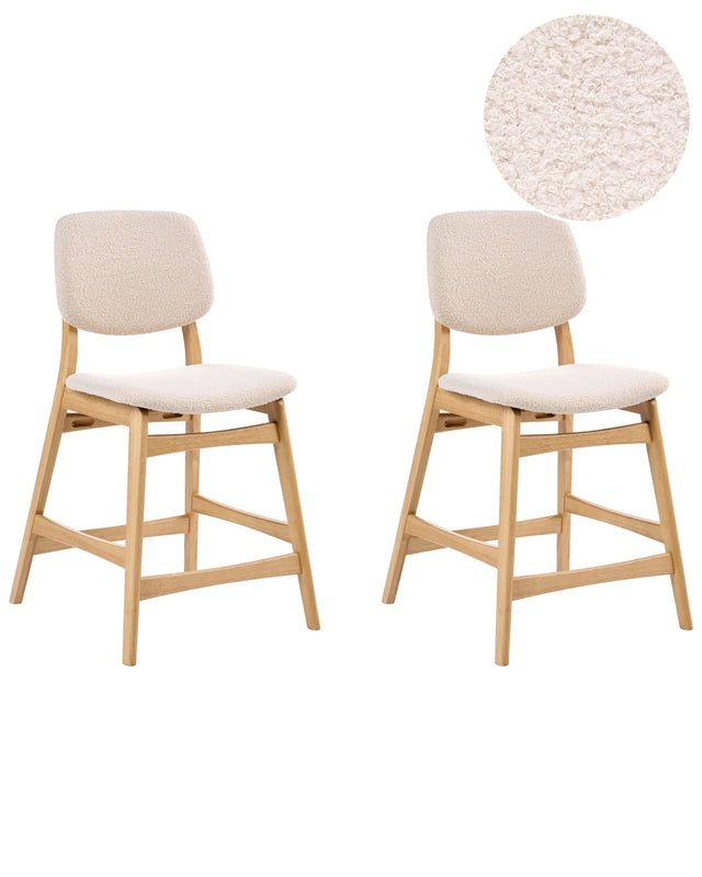 Set of 2 Bar Chairs Light Brown Rubberwood Frame Beige Boucle Fabric Seat Armless Retro Design Beliani