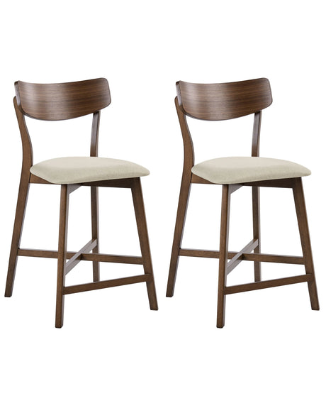 Set of 2 Bar Chairs Brown Rubberwood Frame Beige Fabric Seat Armless Retro Design Beliani