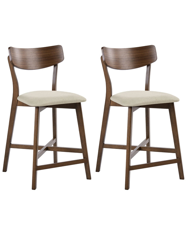 Set of 2 Bar Chairs Brown Rubberwood Frame Beige Fabric Seat Armless Retro Design Beliani