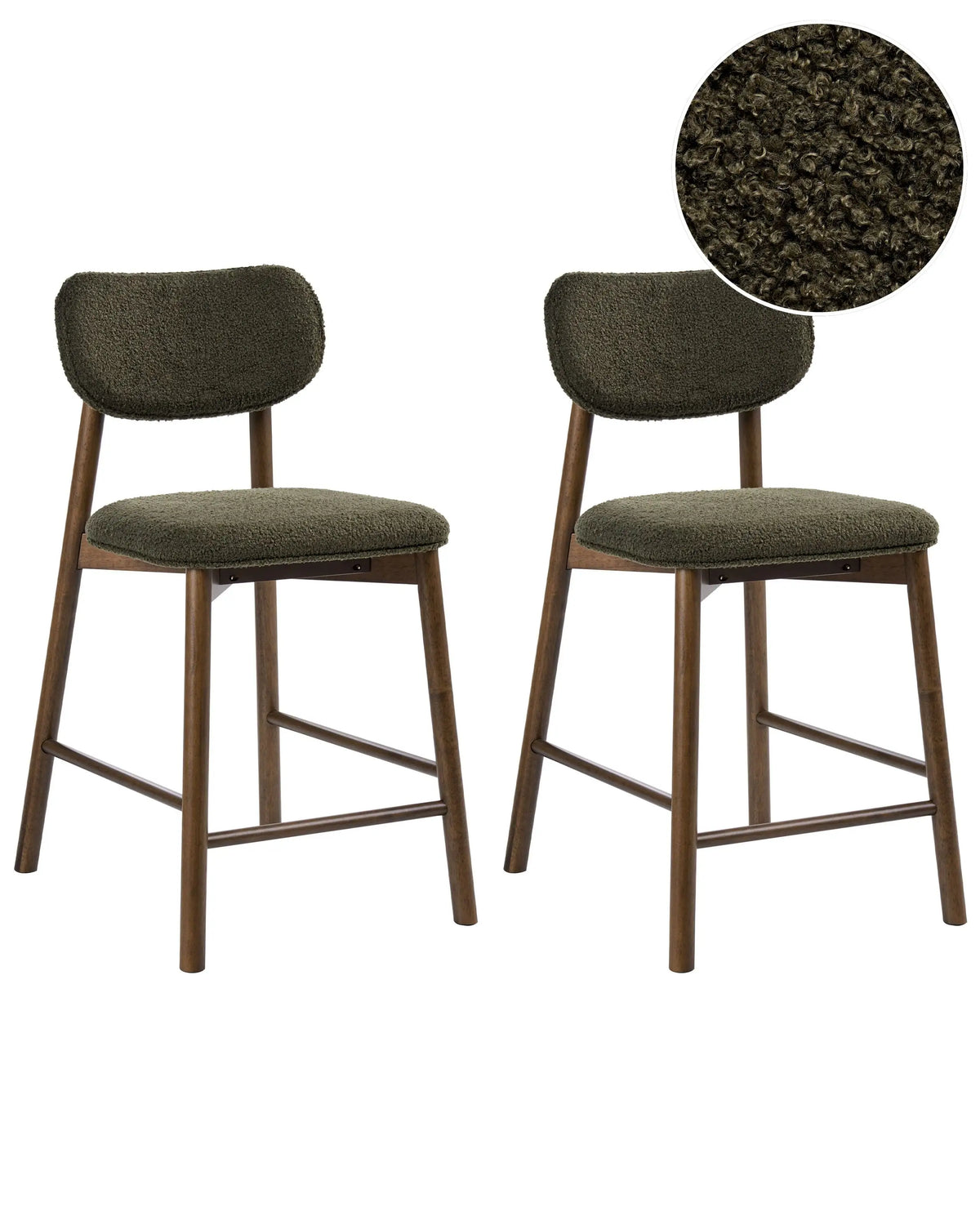 Set of 2 Bar Chairs Brown and Green Boucle Rubber Wood Frame Upholstered Seat and Backrest Dining Room Kitchen Beliani
