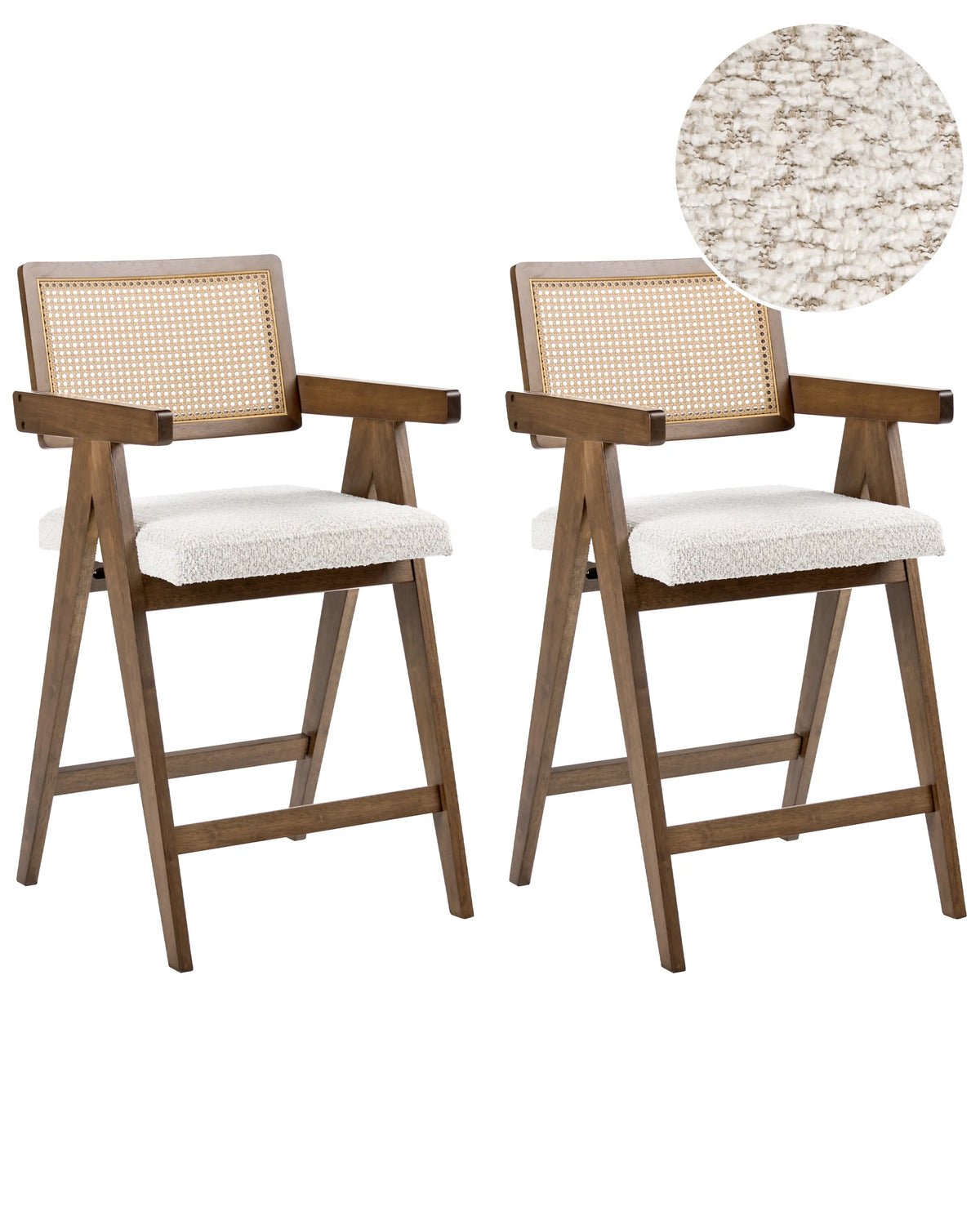 Set of 2 Bar Chairs Brown and Light Beige Rubberwood Frame Boucle Seat Retro Dining Room Kitchen Beliani