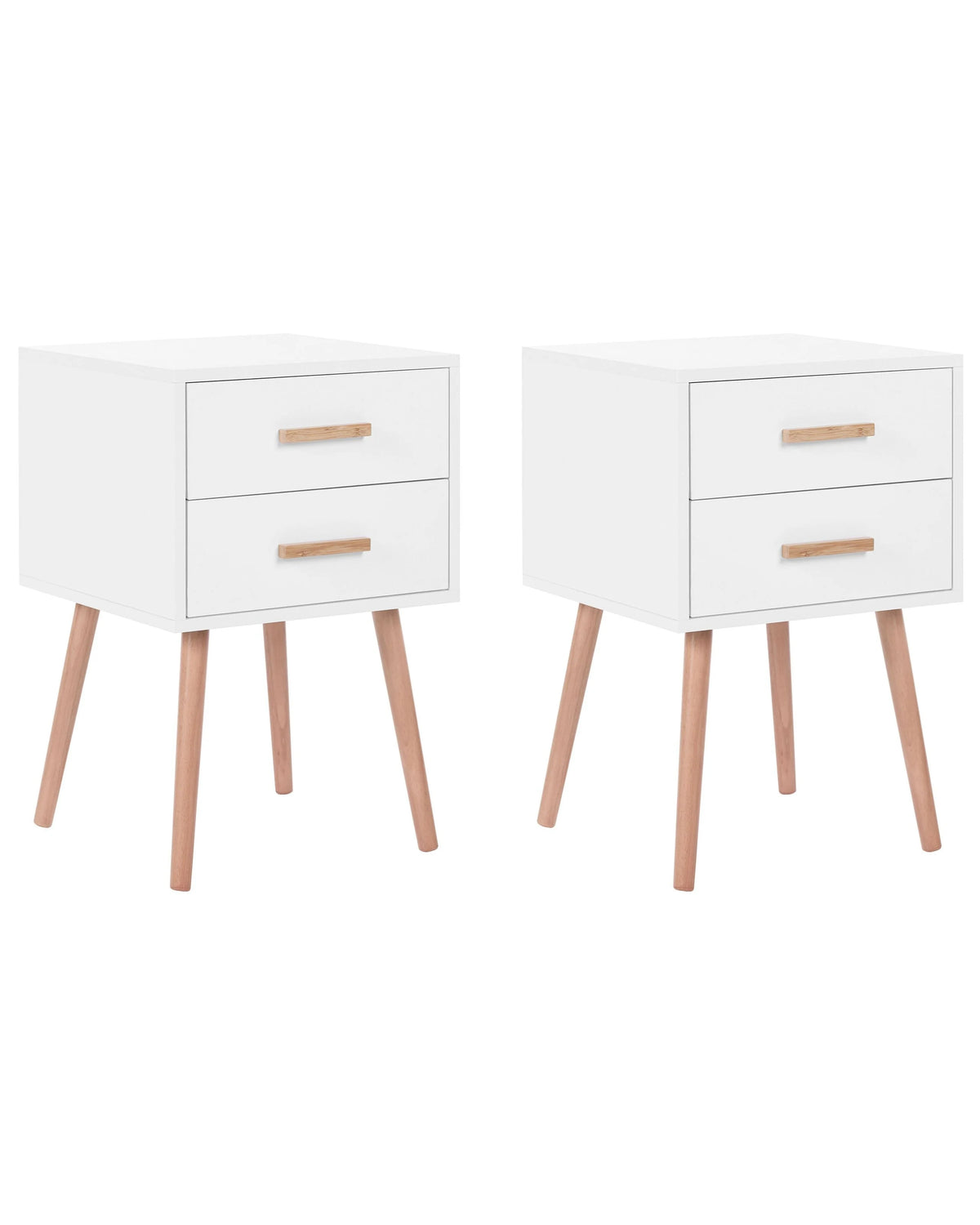 Set of 2 Bedside Tables White 2 Drawers Solid Wood Legs Scandinavian Beliani