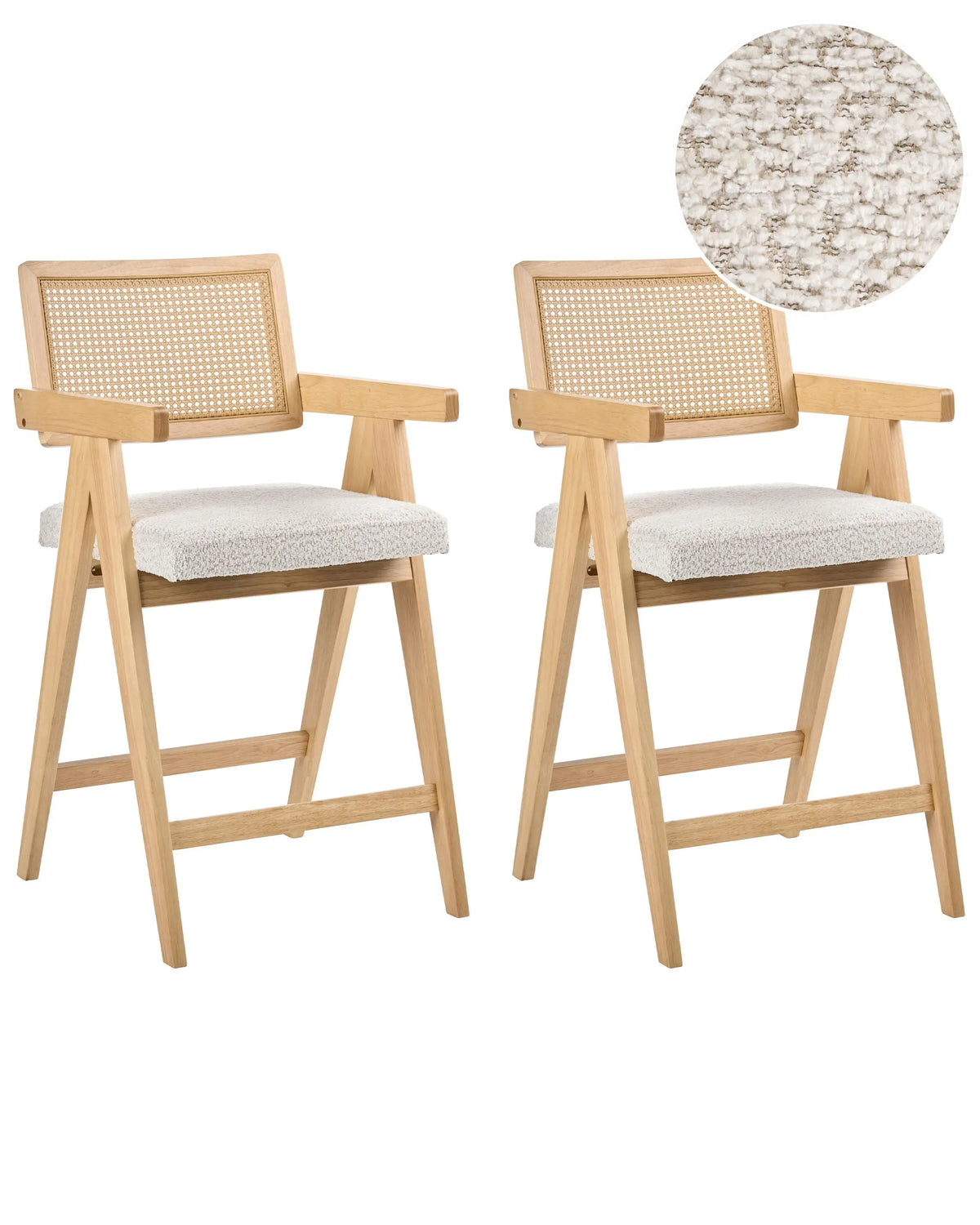 Set of 2 Bar Chairs Light Brown and Beige Rubberwood Frame Boucle Seat Retro Dining Room Kitchen Beliani
