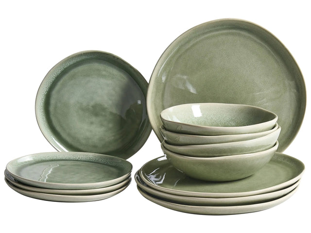 Set of 12 Pieces Green Stoneware Kaolin Handmade Reactive Glaze Finish Service for 4 People Kitchen Dining Room Beliani