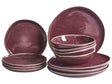 Set of 12 Pieces Burgundy Stoneware Kaolin Handmade Reactive Glaze Finish Service for 4 People Kitchen Dining Room Beliani