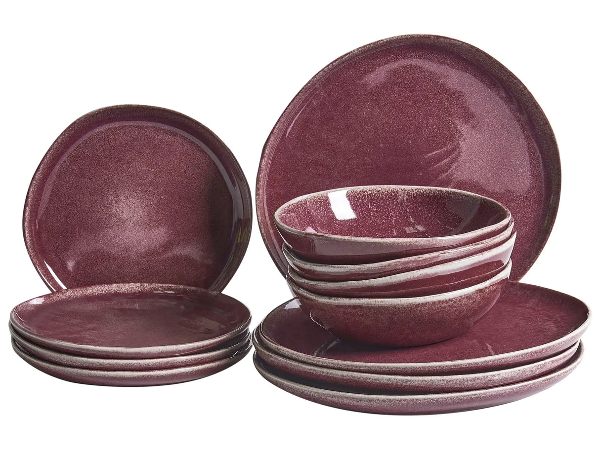 Set of 12 Pieces Burgundy Stoneware Kaolin Handmade Reactive Glaze Finish Service for 4 People Kitchen Dining Room Beliani